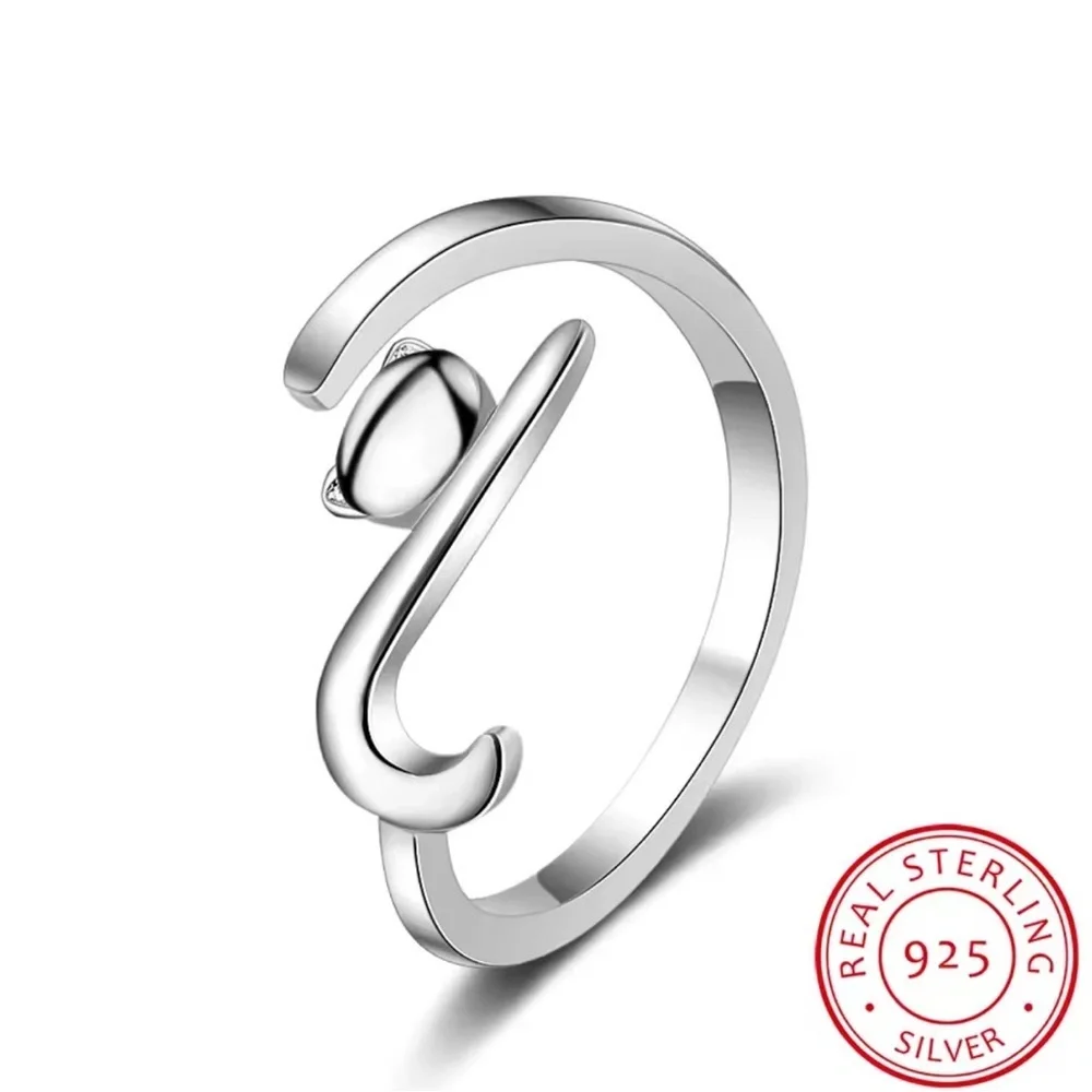 100% 925 Sterling Silver Sticky Cat With Long Tail Finger Ring. Adjustable Ring